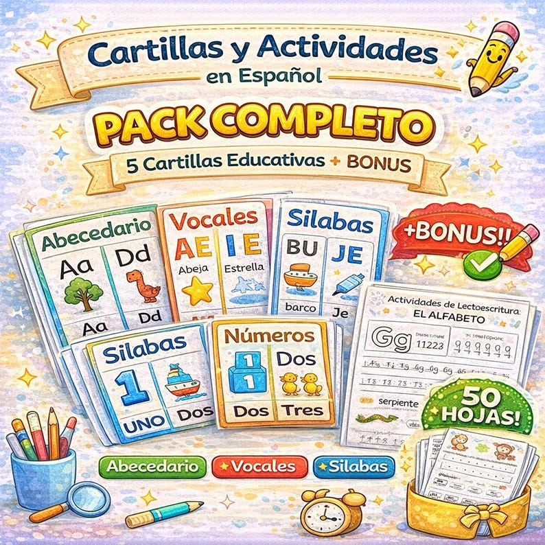 May include: A Spanish educational pack with flashcards for the alphabet, vowels, syllables, and numbers. Includes bonus materials and activities for learning. The pack is designed for children and includes a pencil, magnifying glass, and clock.