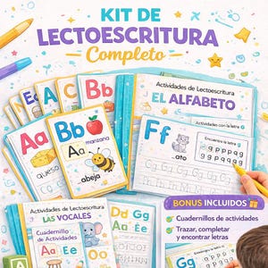 Könnte beinhalten: Ein komplettes Lese- und Schreibset mit farbenfrohen Karten und Arbeitsheften. Das Set enthält Alphabetausdrucke mit Illustrationen von Apfel, Biene und Käse. Die Arbeitshefte bieten Übungen zum Nachzeichnen und Buchstaben finden. Der Text sagt "Kit de Lectoescritura Completo".
