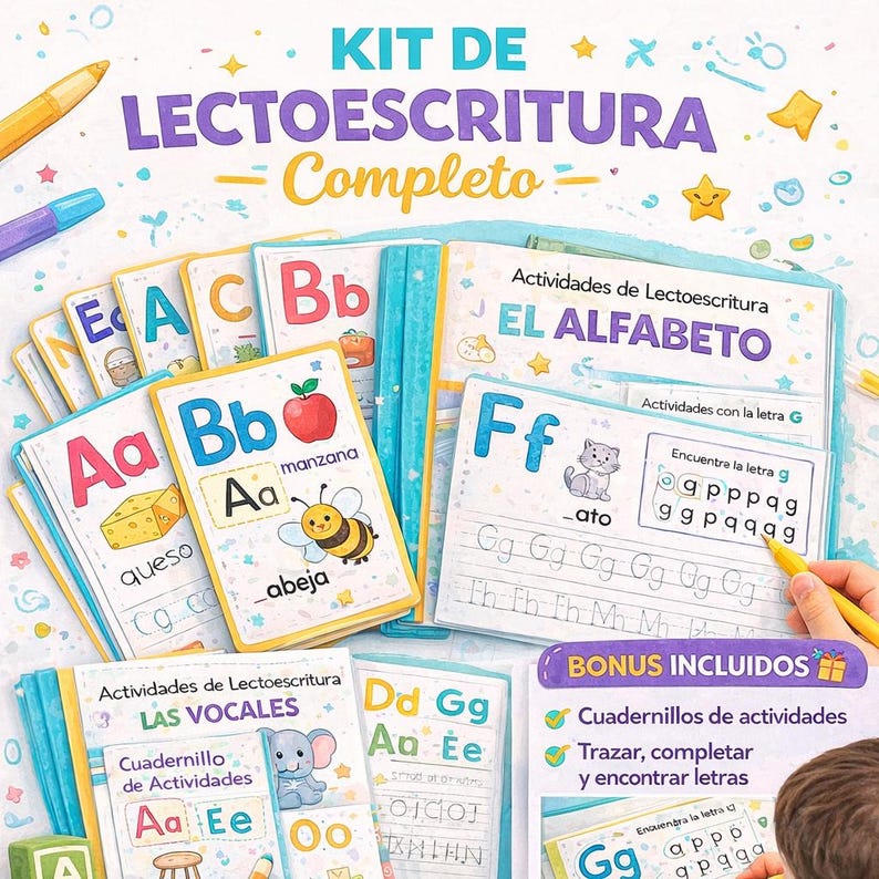 May include: A literacy kit with flashcards and workbooks. The kit includes alphabet cards with illustrations of an apple, bee, and cheese. The workbooks feature tracing and letter-finding activities. The text on the image says "Kit de Lectoescritura Completo".