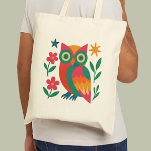 Owl Tote Bag — Bird Canvas Tote — Colorful Forest Animals Nature Bag — Montessori Gift — Woodland Animal Market Tote — Everyday Eco Bag