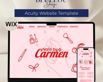 May include: A laptop and smartphone displaying a website template for a nail salon. The website design features a pink background with red line art of nail polish, brushes, and other beauty items. The brand name is "Nails by Carmen". The template is for Wix.