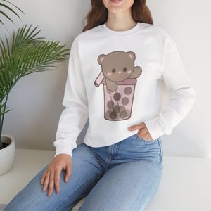 Cute Bear in Boba Crewneck for Cozy Days Kawaii Sweatshirt Unisex Lightweight Cotton Bubble Tea Themed Gift for Mom Animal Lover Pullover