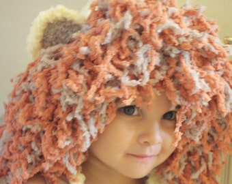 PREORDER 2T to 4T Lion Hat, Yellow Orange & Brown King of The Jungle Girl or Boy Toddler Bonnet, Kids Unisex Zoo Animal Cosplay Costume Hood