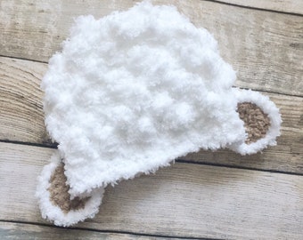 PRE-ORDER Adult Crochet Lamb Hat in White & Brown, Crochet Sheep Beanie, Fluffy Bobble Farm Animal Halloween or Easter Costume Accessory