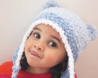 PRE-ORDER 5T to Teen Blue and White Boy Earflap Bear Ears, Childrens Woodland Animal Trapper Hat, Soft and Warm Fluffy Kids Cub Beanie Gift