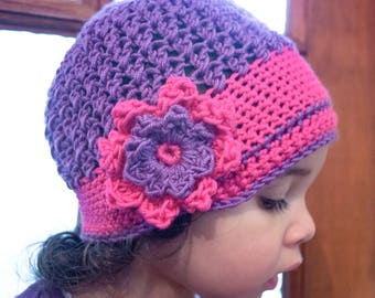 PREORDER 2T to 4T Pink & Purple Flower Brim Beanie, Boho Crochet Toddler Girl Floral Fashion Hat, Childrens Flapper Style Cap Cute Kids Gift