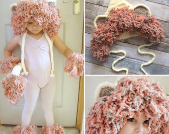 PREORDER Kids Lion Mane Hood Hat With Cuffs & Tail, Unisex Crochet Toddler King Of The Jungle Animal Costume, Boys and Girls Fairytale Gift