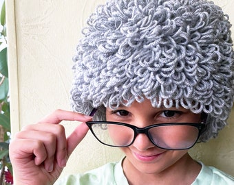 PRE-ORDER Kids Loopy Grandma Wig, Curly Granny Grey Old Lady Hair Hat Girls Boys & Adults, Baby and Toddler Clown Halloween Costume Beanie