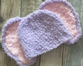 PRE-ORDER Adult Sized Crochet Lilac and Baby Pink Elephant Ears Hat, Kids and Teens Zoo Animal Beanie, Fluffy Warm Womens Costume Accessory