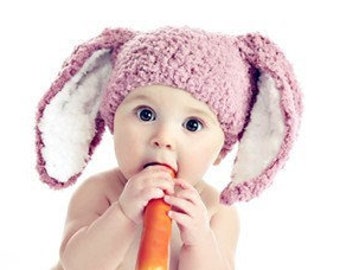 PREORDER 2T to 4T Kids Bunny Rabbit Hat, Crochet Toddler Rose Pink and White Rabbit Ears, Toddler Girl Childs Prop, Easter or Halloween Gift