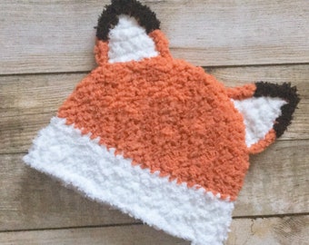 PREORDER 0 to 3m Newborn Crochet Fox Ears Hat, Orange & White Woodland Animal Baby Shower Gift, Winter Infant Forest Creature Costume Beanie