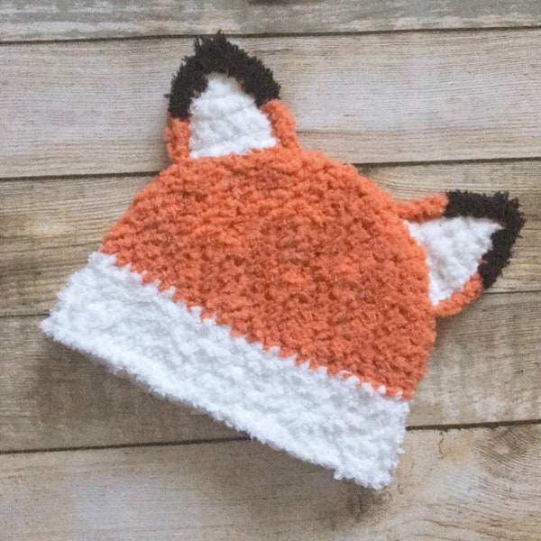 PREORDER 0 to 3m Newborn Crochet Fox Ears Hat, Orange & White Woodland Animal Baby Shower Gift, Winter Infant Forest Creature Costume Beanie