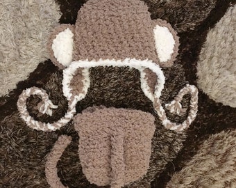 0 to 3m Newborn Monkey Ears Hat and Diaper Cover Outfit, Brown and Cream Crochet Jungle Baby Shower Gift, Safari Animal Sitter Prop Costume