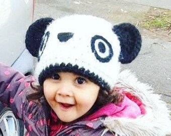 PRE-ORDER 2T to 4T Soft Woolly Kids Panda Bear Beanie, Childrens Monochrome Fashion Black & White Animal Ears Hat, Toddler Unisex Photo Prop