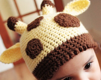 PREORDER 3 to 6m Baby Giraffe Hat, Jungle Safari Animal Beanie in Yellow & Brown, Zoo Theme Spotty Wild Creature Halloween Costume Accessory