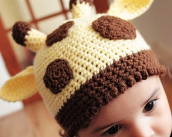 PRE-ORDER 6 to 12m Giraffe Beanie in Yellow & Brown Boy or Girl Baby Hat, Crochet Toddler Cute Animal Costume Hat Photo Session Prop
