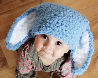 PREORDER 3 to 6m Blue Baby Boy Bunny Beanie, Crochet Rabbit Ears Hat In Lagoon and White, Soft Easter Infant Photo Prop, Halloween Gift Idea