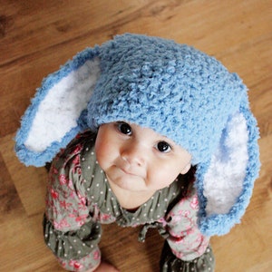 PREORDER 6 to 12m Baby Boy Blue and White Easter Bunny Ears Hat, Woodland Animal Rabbit Ears Photo Prop, Crochet Halloween Costume Accessory image 1