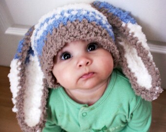 PRE-ORDER Baby Boy Bunny Ears Easter Hat, Crochet Blue Stripe Easter Rabbit Costume Beanie, Choose Newborn, Toddler, Kids & Adult Sizes