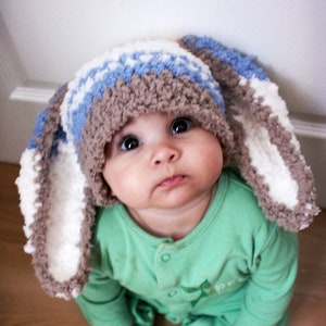 PRE-ORDER Baby Boy Bunny Ears Easter Hat, Crochet Blue Stripe Easter Rabbit Costume Beanie, Choose Newborn, Toddler, Kids & Adult Sizes image 1