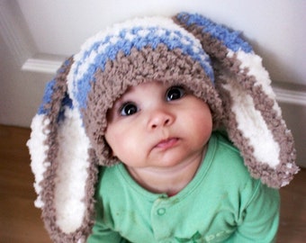 PRE-ORDER 3 to 6m Baby Boy Bunny Ears Beanie With Blue Stripes Brown & Cream, Infant Rabbit Animal Costume Hat and Easter Baby Shower Gift