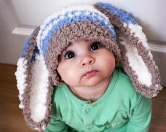 PRE-ORDER 12 to 24m Baby Boy Bunny Stripe Hat, Toddler Brown, Blue & Cream Rabbit Ears Costume Beanie, Kids Woodland Animal, Easter Gift