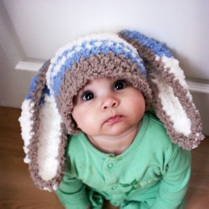 PRE-ORDER 3 to 6m Baby Boy Bunny Ears Beanie With Blue Stripes Brown & Cream, Infant Rabbit Animal Costume Hat and Easter Baby Shower Gift image 1