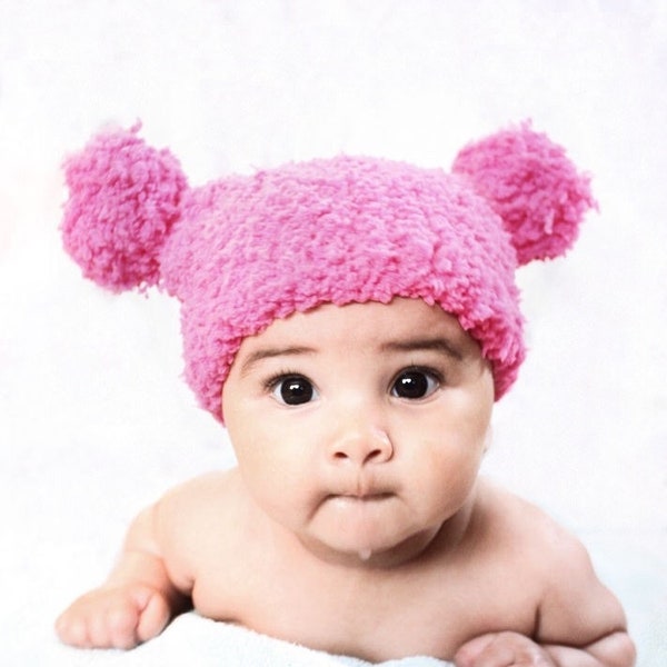 PRE-ORDER Preemie Newborn Pom Pom Hat, Hot Pink Premature Infant Shower Gift, Crochet Double Bobble Beanie, Pompom New Baby Photo Prop