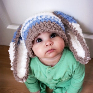 PRE-ORDER 12 to 24m Baby Boy Bunny Stripe Hat, Toddler Brown, Blue & Cream Rabbit Ears Costume Beanie, Kids Woodland Animal, Easter Gift image 1