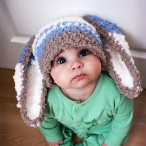 PRE-ORDER 0 to 3m Bunny Beanie Newborn Boy Hat, Blue Stripe Costume Sitter Prop, Easter Infant Rabbit Ears Baby Shower or Take Home Gift image 1