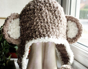 PRE-ORDER 3 to 6m Baby Monkey Ears in Brown & Cream, Infant Crochet Earflap Wild Animal Beanie, Zoo Creature Ear Warmer Photo Prop or Gift