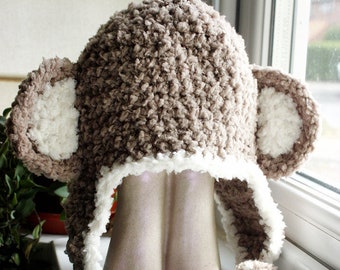 PREORDER 0 to 3m Newborn Monkey Hat Monkey Costume Hat, Brown Cream Earflap Baby Hat Monkey Beanie, Monkey Ears Hat, Monkey Photo Prop