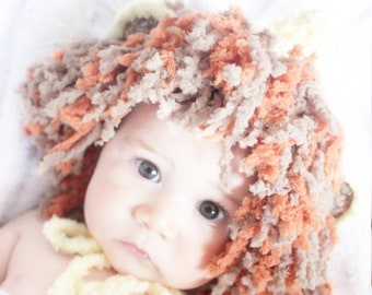 PRE-ORDER 0 to 3m Newborn Lion Hat, New Baby Animal Beanie, Infant Shower Gift, Yellow & Orange Cute King of the Jungle Bonnet Costume Prop