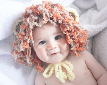 PREORDER 12 to 24m Baby King of The Jungle Lion Mane Hat in Yellow, Toddler Orange & Brown Wild Animal Halloween Costume Wig, Cute Kids Gift