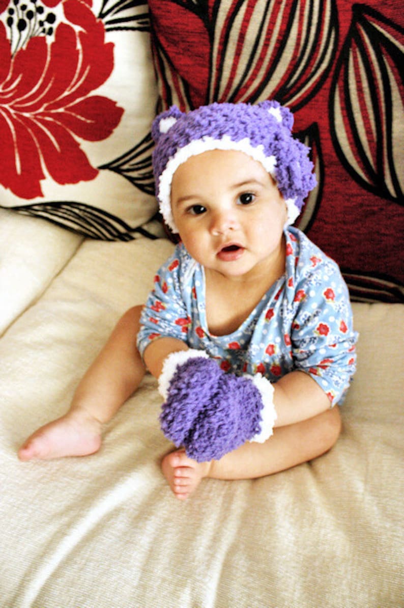 0 to 3m Newborn Bear Hat Purple Baby Hat and Mittens Baby Shower Gift Crochet Flower Baby Bear Hat Set Infant Photo Prop