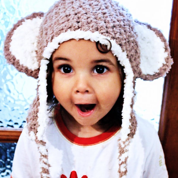 PRE-ORDEN Gorro con orejeras de ganchillo para bebé mono de 6 a 12 m en marrón y crema, lindo gorro con orejas de animal para niños pequeños Accesorio para disfraz de Halloween de criatura del zoológico
