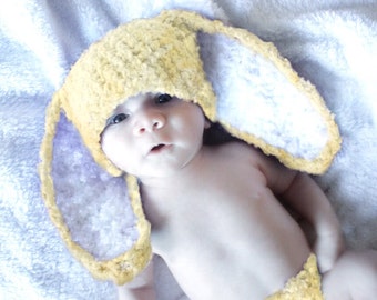 PREORDER 3 to 6m Yellow Bunny Ears Beanie Crochet Sitter Prop, Neutral Woodland Animal Baby Shower Gift, Infant Soft Rabbit First Easter Hat