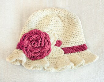 12 to 24m Crochet Sun Hat Baby Hat in Cream and Raspberry Pink Crochet Rose Flower Hat Cloche Hat Baby Girl Baby Flapper Girl Prop