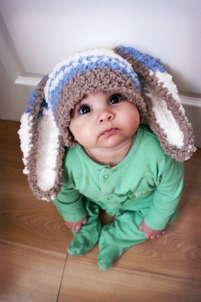 PRE-ORDER 12 to 24m Baby Boy Bunny Stripe Hat, Toddler Brown, Blue & Cream Rabbit Ears Costume Beanie, Kids Woodland Animal, Easter Gift image 1