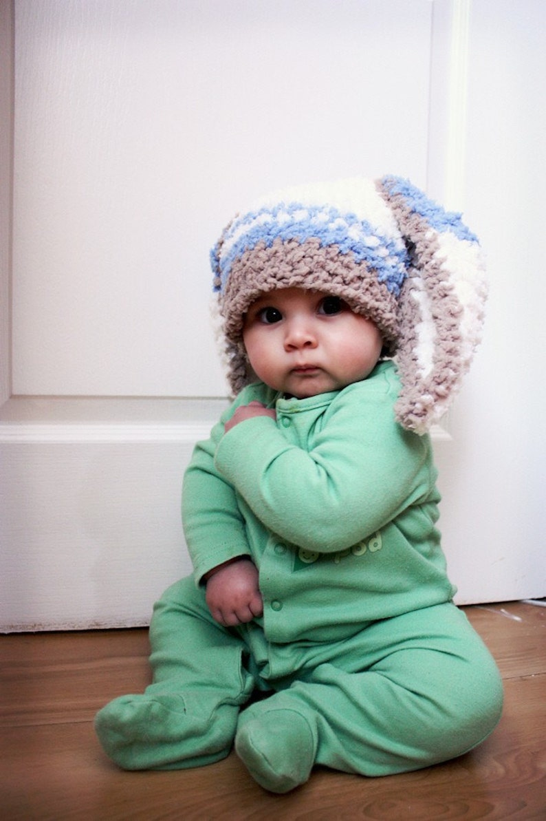 PRE-ORDER 12 to 24m Baby Boy Bunny Stripe Hat, Toddler Brown, Blue & Cream Rabbit Ears Costume Beanie, Kids Woodland Animal, Easter Gift image 3