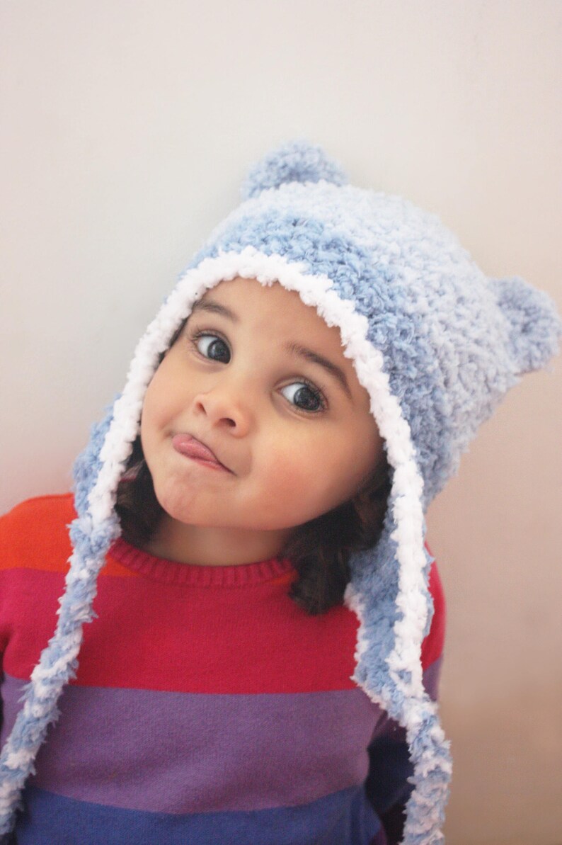12 to 24m Toddler Earflap Bear Beanie Baby Hat Crochet Bear Hat Lagoon Blue Light Blue White EarFlap Hat Bear Photo Prop