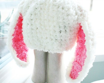 PRE-ORDER 12 to 24m Crochet Bunny Baby Beanie, Cream and Candy Pink Rabbit Ears Costume Hat, Toddler Girl Easter or Halloween Gifts Idea