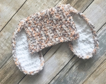 PREORDER 6 to 12m Speckled Bunny Crochet Baby Hat in Brown, Orange & Cream, Woodland Rabbit Ears Beanie, Halloween Toddler Costume Accessory