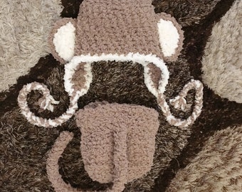 PRE-ORDER 6 to 12m Newborn Monkey Ears Hat and Long Tail Diaper Cover, Brown & Cream Earflap Baby Jungle Animal Beanie With Cute Bloomer