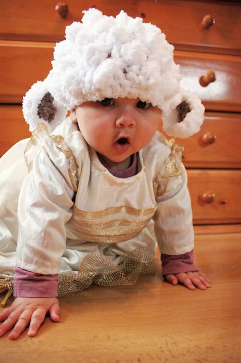 PRE-ORDER 6 to 12m Baby Lamb Ears Cute Halloween Costume Beanie, Toddler Boy and Girl Sheep Hat Farm Animal Sitter Prop in White & Brown image 3
