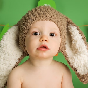 PRE-ORDER 12 to 24m Easter Baby Bunny Ears Beanie, Crochet Animal Hat, Toddler Girls & Boys Floppy Brown Rabbit Unisex Costume Sitter Prop