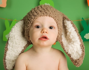 PRE-ORDER 12 to 24m Easter Baby Bunny Ears Beanie, Crochet Animal Hat, Toddler Girls & Boys Floppy Brown Rabbit Unisex Costume Sitter Prop