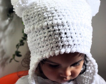 PREORDER 6 to 12m Baby Girl Pom Pom Hat Snow Baby Earflap Hat White Baby Hat Crochet Sparkle White Hat Pom Pom Photo Prop