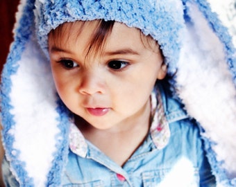 PRE-ORDER 12 to 24m Baby Boy Bunny Hat, Blue & White Stripe Toddler Beanie, Childrens Fluffy Rabbit Costume Ears, Halloween Kids Gift Idea