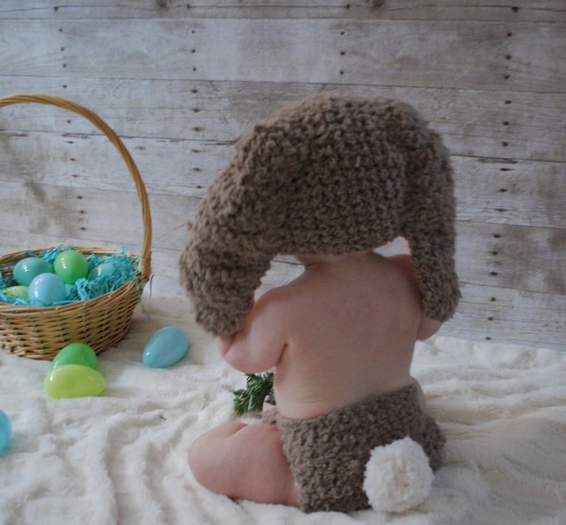 PREORDER 2T to 4T Toddler Bunny Hat and Diaper Cover Set, Crochet Brown & Cream Rabbit Ears Beanie, Cute Childrens Photo Prop Halloween Gift image 2